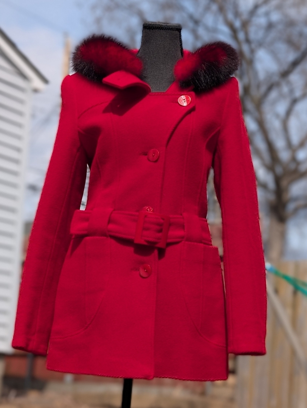 VTG Rene Faux Fur Deep Red Peacoat Women's Size 42, US Small Wool Blend